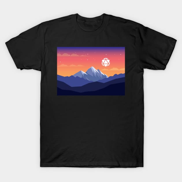 Blue Hour Polyhedral Dice Full Moon Starry Night Tabletop RPG Landscape T-Shirt by pixeptional